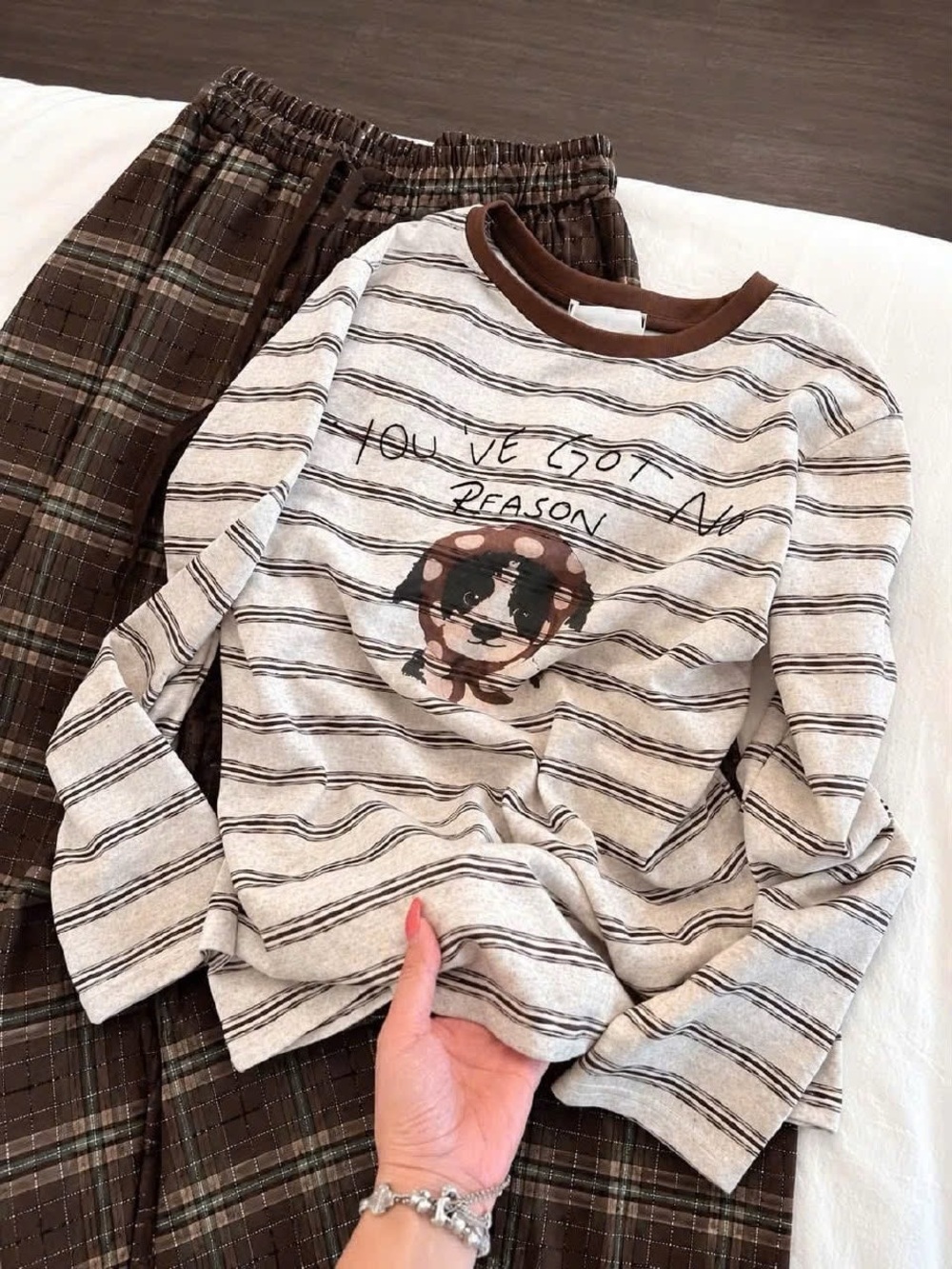 Striped Dog Graphic Pajama Set - Brown/Beige